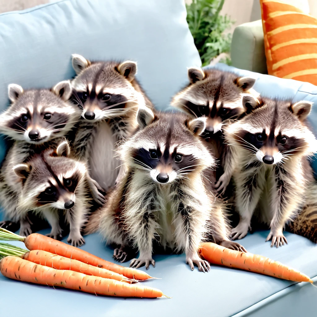 5 baby raccoons with  pyjamas on, with carrots as prints on the pyjamas, sitton on the couch, 8k, hyper detailed, very cute, with lots of toys laying on the floor in front of the coach where they sit on