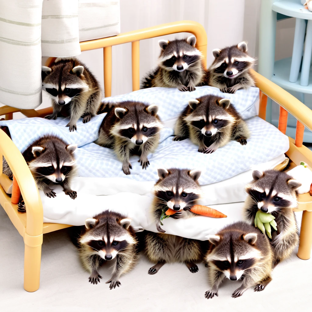 5 baby raccoons with  pyjamas on, with carrots as prints on the pyjamas, sitton on the couch, 8k, hyper detailed, very cute, with lots of toys laying on the floor in front of the coach where they sit on