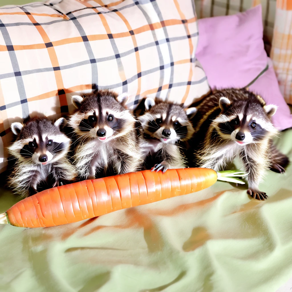 5 baby raccoons with  pyjamas on, with carrots as prints on the pyjamas, sitton on the couch, 8k, hyper detailed, very cute, with lots of toys laying on the floor in front of the coach where they sit on