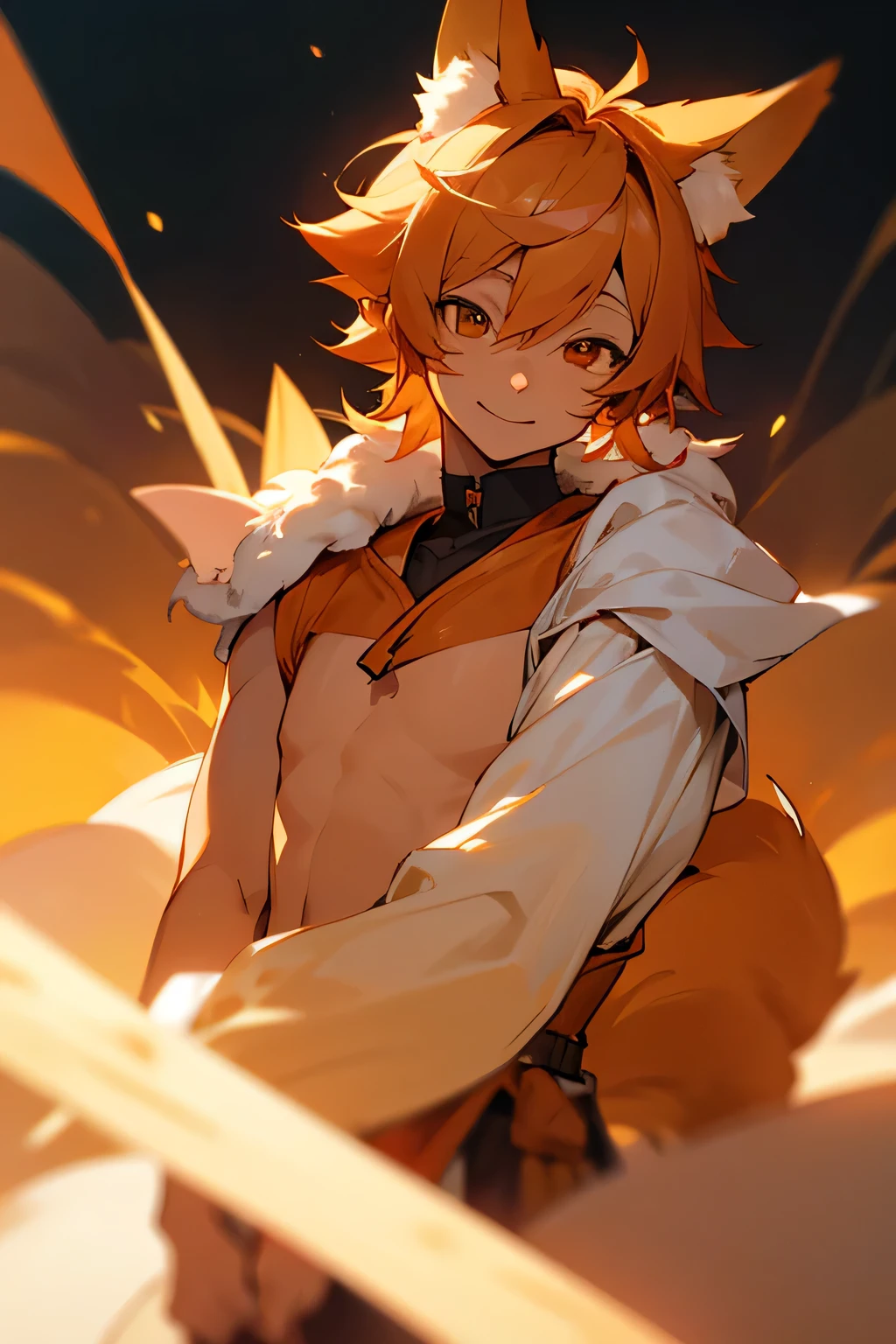 A Foxboy With Light Skin And cinnamon Colored Fox Ears, Hair and Tail with a gentle smile on his face
