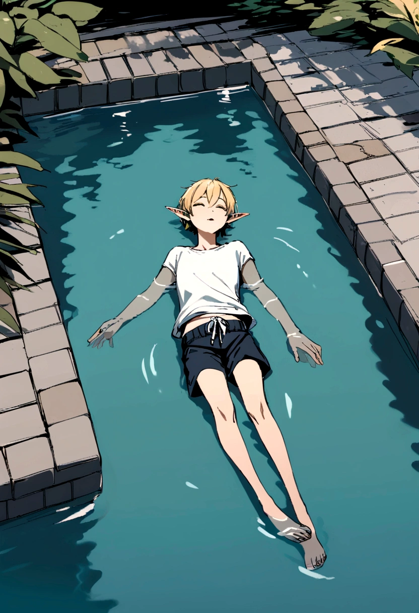 Elf man floating in water wearing only simple shorts,blonde elf man,Short Hair,Beautiful Water,Floating,relax,juvenile,Pond surrounded by cobblestones