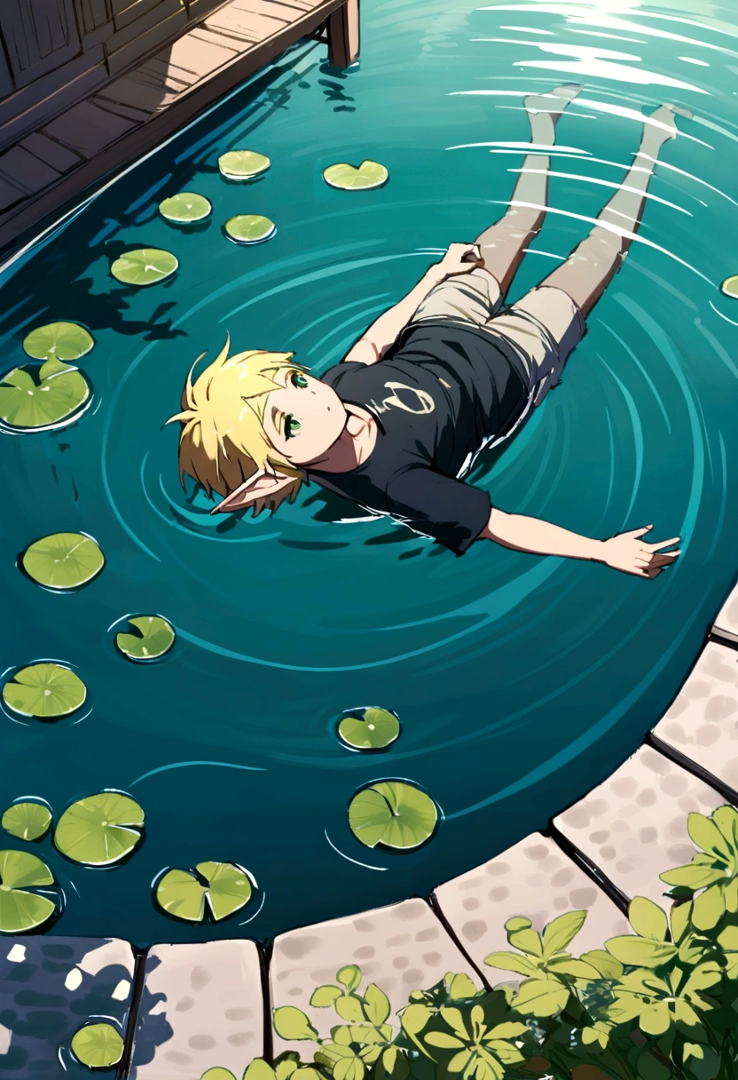 Elf man floating in water wearing only simple shorts,blonde elf man,Short Hair,Beautiful Water,Floating,relax,juvenile,Pond surrounded by cobblestones
