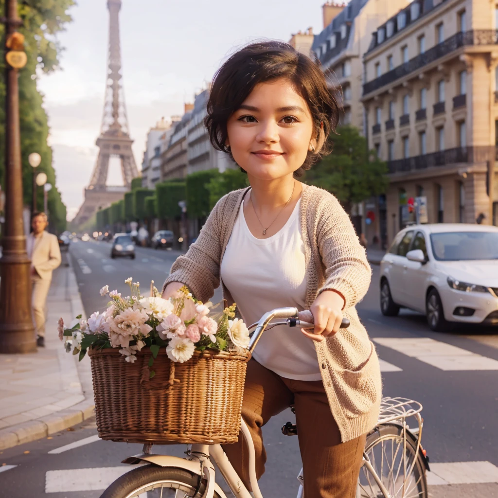 realistic 3D photo, a 50 year old woman, chubby cheeks, rather full body, very short black hair, wearing a white t-shirt with a light brown cardigan and brown trousers, riding a classic bicycle with a basket in front of it containing flowers, on the side of the road in the city Paris with an authentic building with the Eiffel Tower behind it, softlight.