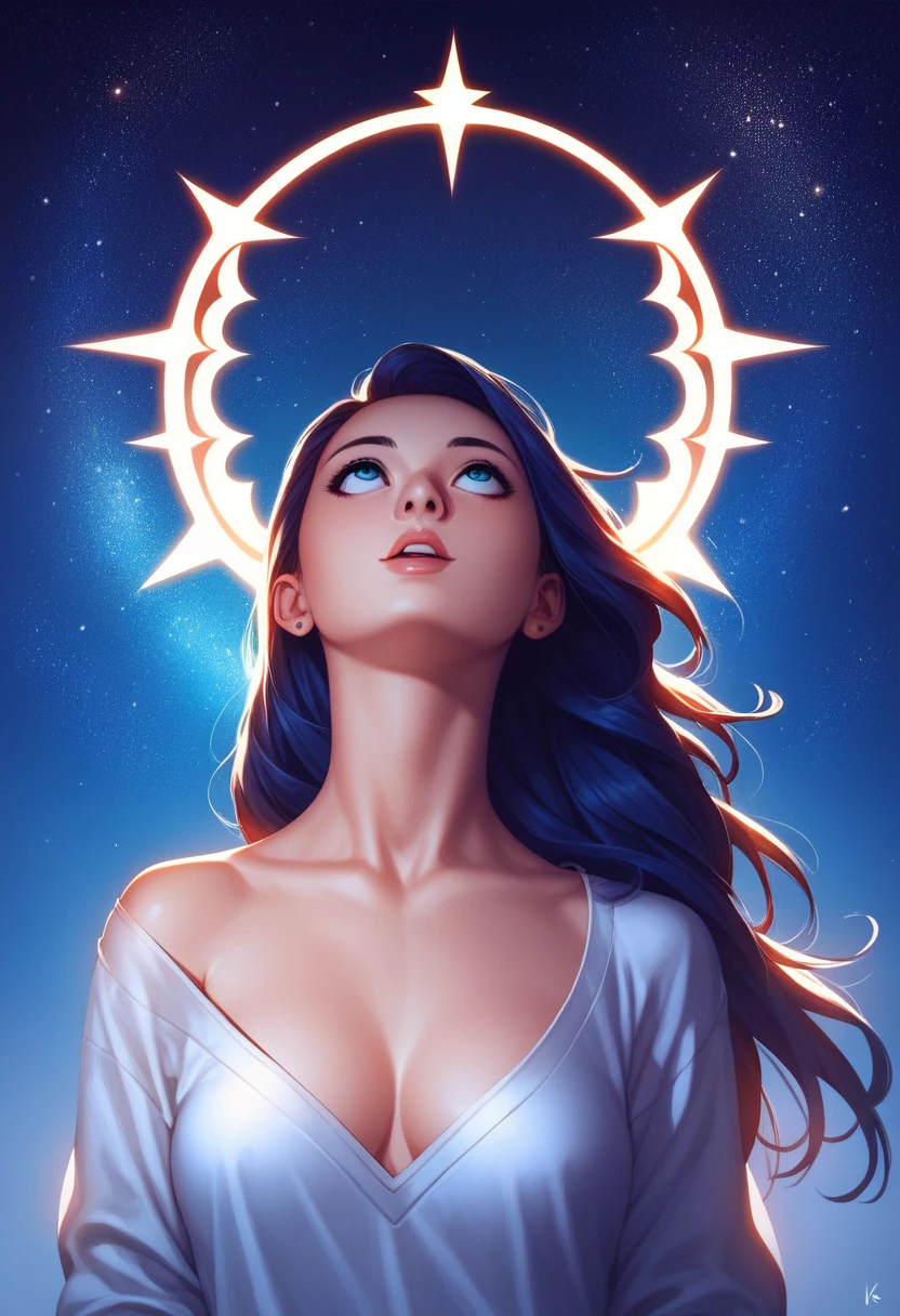 A starry sky,Meteors,8k,Beautiful night sky,Girl looking up at the sky,Long Shot,Wide Shot,angels coming down