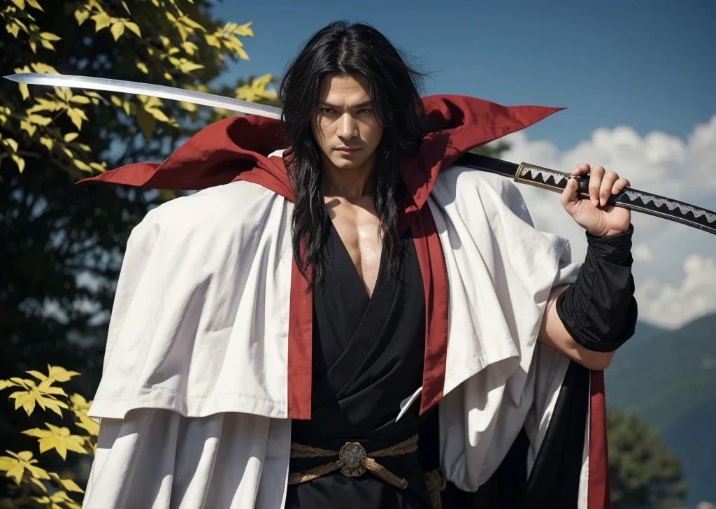 arafed man (hiko seijuro), 40 year old, in a black and white robe holding a sword, (looking at the viewer), anime cosplay, flowing hair and long robes, (hiko seijuro) as a super villain, beautiful male god of death, with cape, full body wuxia, with a long black cape