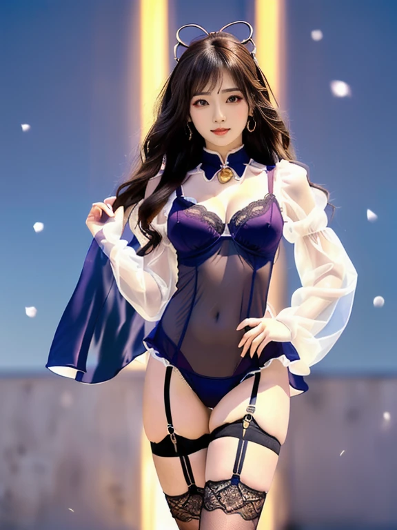 An Asian Chinese female model, (background：Room),(background：night), (8K Ultra HD, Digital SLR Camera, Soft Light, high quality, Volumetric Lighting, frank, photo, high resolution, 4K, 8K, Bokeh), ((Create stunning images of real girls), warm light, Dynamic poses, Elegant Posture, Cowboy lens, Full body front view, From the front，Be confident, Front of the body facing the camera, Standing posture facing the camera, Open your legs slightly, Golden Ratio Graphics, Minimalism), (Show a charming smile, Willow Leaf Eyebrows, big eyes, Apricot eye prick, Cherry Blossom, Balanced Eyes, Oval face, Pretty Face, Normal facial features, Skin is transparent and visible, Thin skin and tender meat, cosmetic, earrings, bracelet, necklace, Jewelry, veil, Hair accessories), (Brown hair, Wavy curly hairstyle, Waist-length hair, Messy Hairstyle, Gradient hairstyles, Cyberpunk hairstyle), ((Transparent clothes：1.5), (Color of clothes:blue-green), See-through clothes, Lace clothes, Mesh clothes, Transparent mesh one-piece swimsuit, Lace sexy lingerie), (Sexy, Perfect breast shape, Teardrop-shaped chest shape, Snow-white breasts, very detailed breasts, 34E cup, Exposing the southern breast), (Super high waist clothes, Waist hollow,(Camel toe, High fork strangulation)), (Black socks, Sheer lace knee socks, 吊garter, Leg ring, garter, 腿部garter)