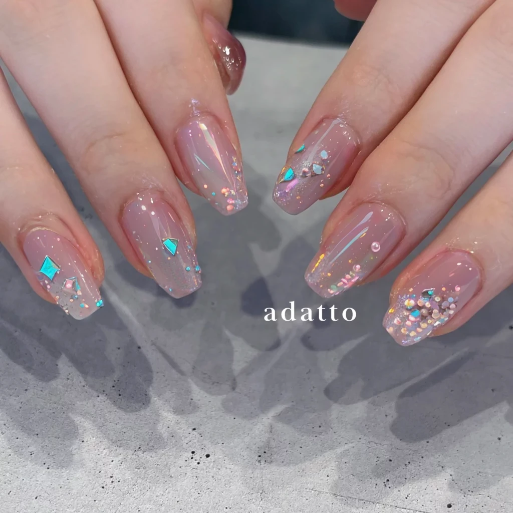 nails, pale blue, turquoise green gradient, pearl, holographic, sparkling, shell pearl decorations, ocean, fantastical, 