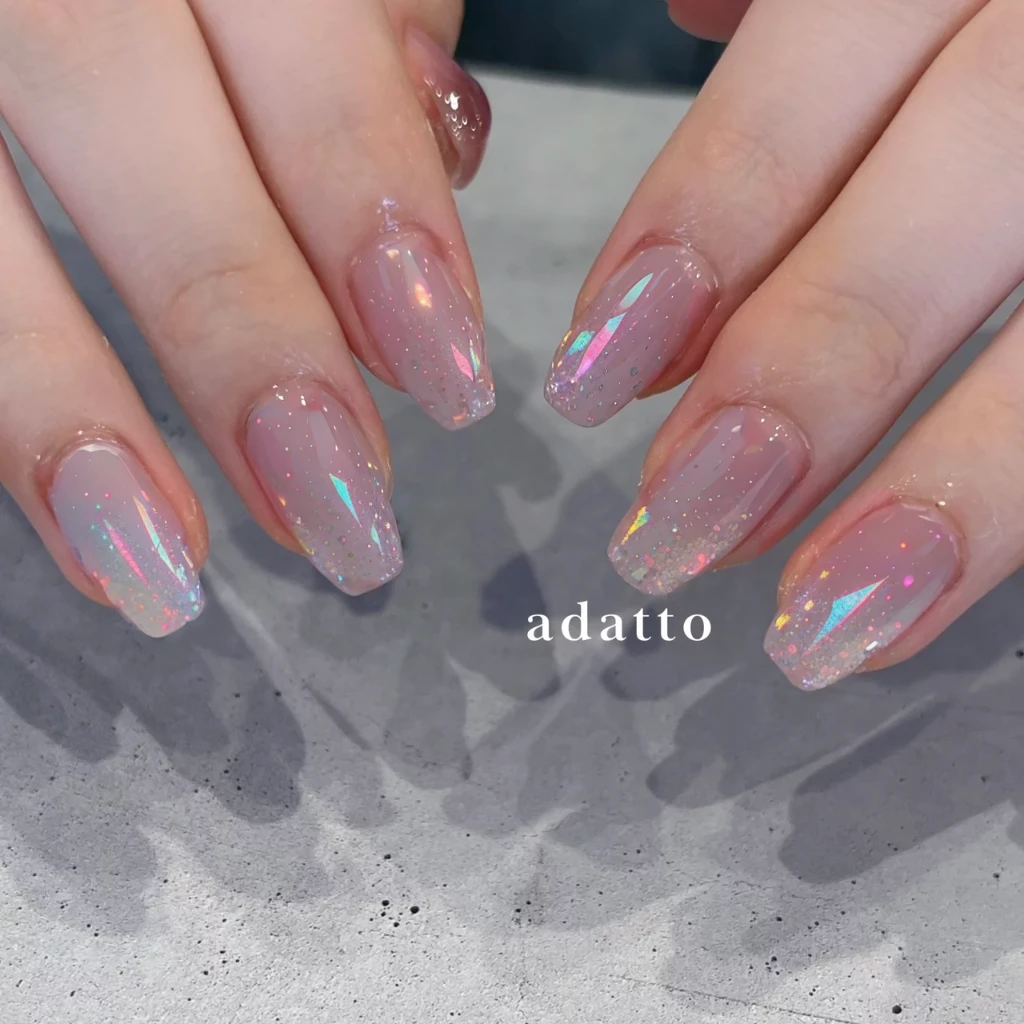 nails, pale blue, turquoise green gradient, pearl, holographic, sparkling, shell pearl decorations, ocean, fantastical,