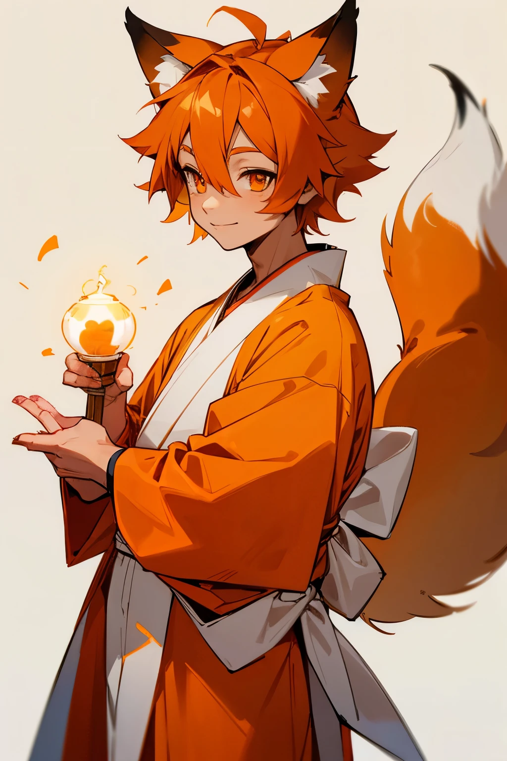 A Foxboy With Light Skin And cinnamon Colored Fox Ears, Hair and Tail with a gentle smile on his face, wearing a white and orange kimono