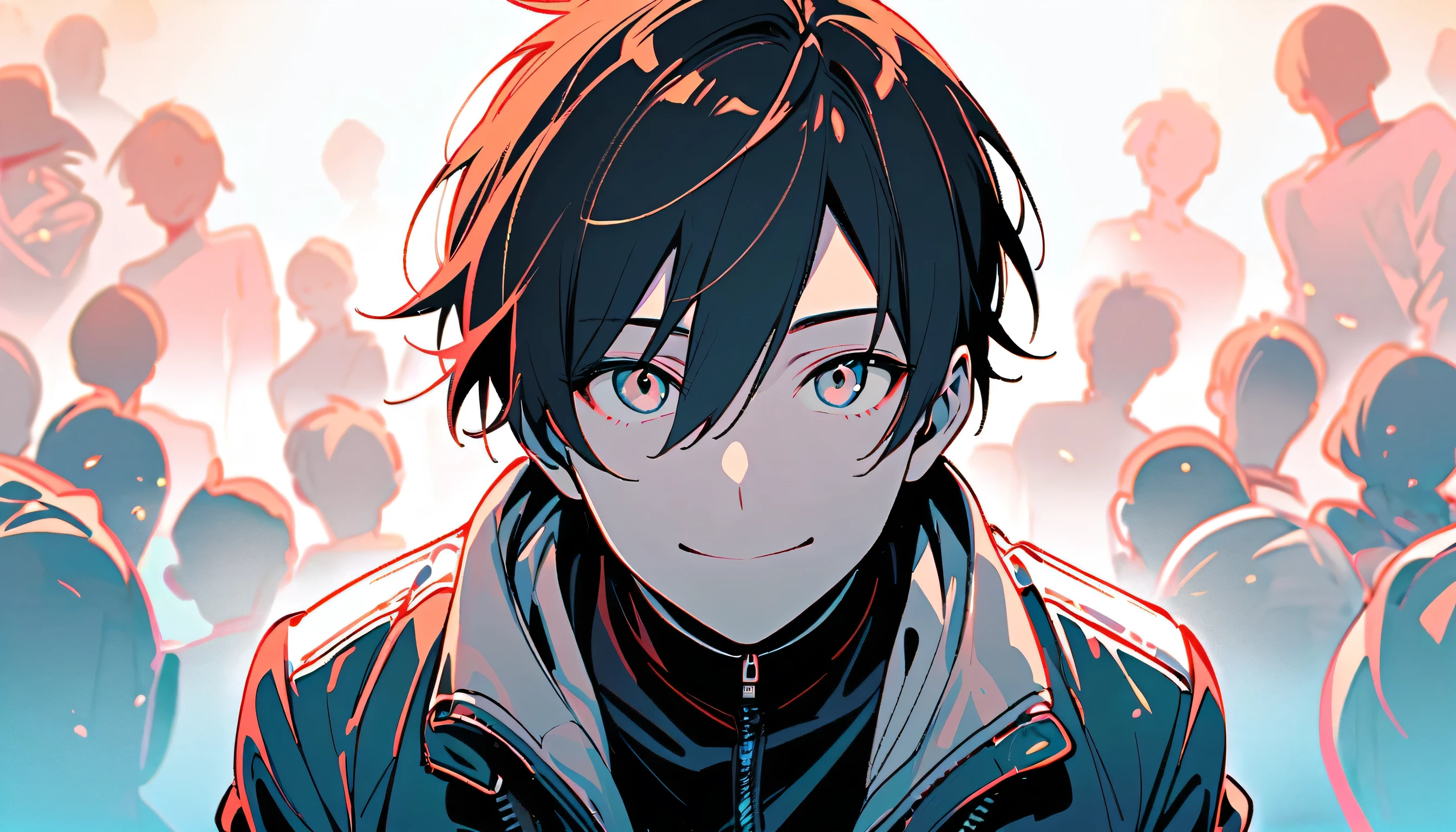 alone, View your audience, smile, One boy, Jacket, Monochrome, male'center, Lips parted, Shine, Portraiture, Shine eyes, Spot colors, High collar, Shine eye, Red Theme ,Anime type and high definition