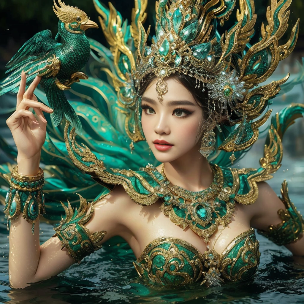 Half body shot of a woman in a costume with a bird on her head, thailand art, queen of the sea mu yanling, asian female water elemental, javanese mythology, nivanh chanthara, submerged temple dance scene, epic 3 d yemaya, sukhothai costume, intricate green and shiny gold costume design, portrait of mermaid warrior, traditional beauty, very realistic, photorealistic, ultra high definition, 16k