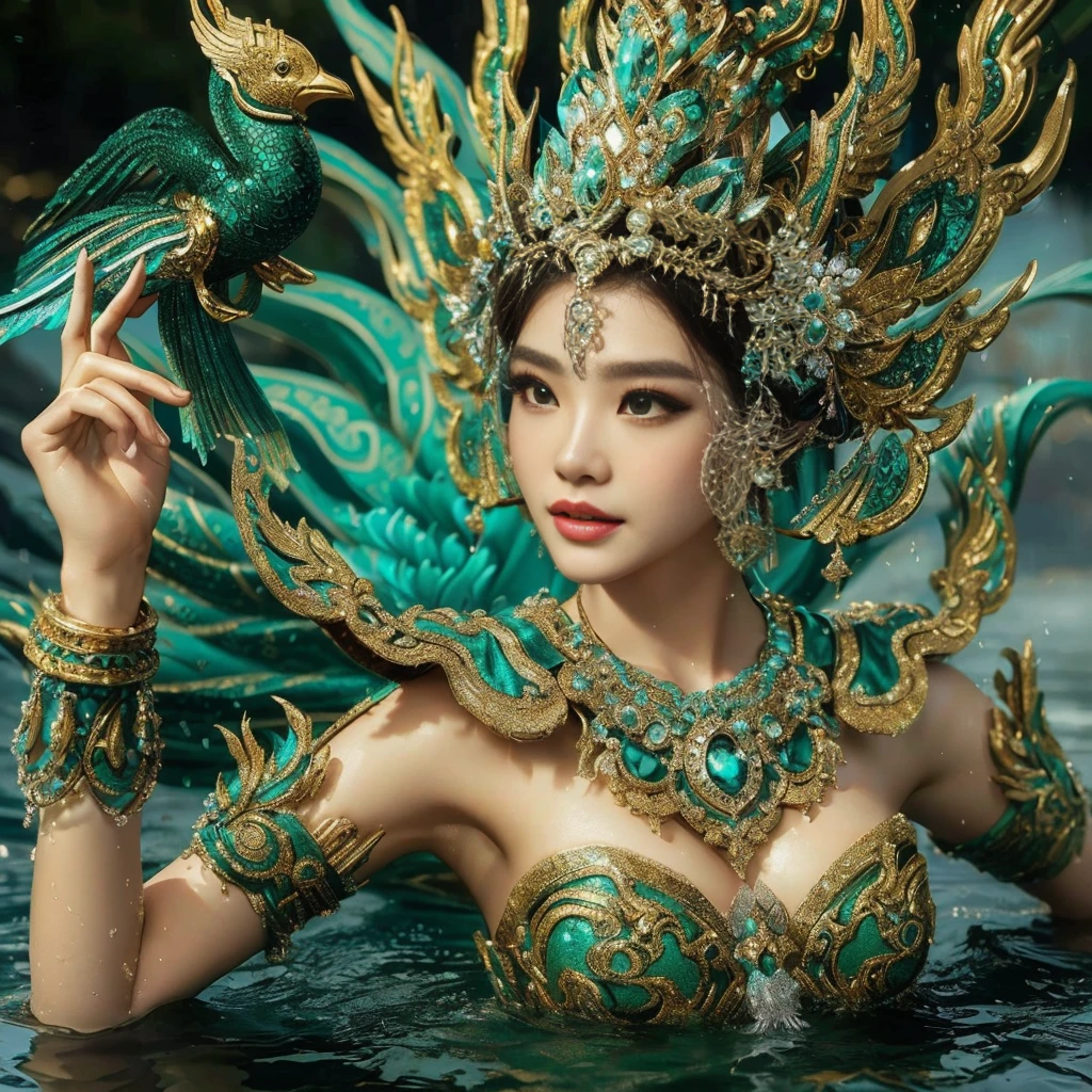 Half body shot of a woman in a costume with a bird on her head, thailand art, queen of the sea mu yanling, asian female water elemental, javanese mythology, nivanh chanthara, submerged temple dance scene, epic 3 d yemaya, sukhothai costume, intricate green and shiny gold costume design, portrait of mermaid warrior, traditional beauty, very realistic, photorealistic, ultra high definition, 16k