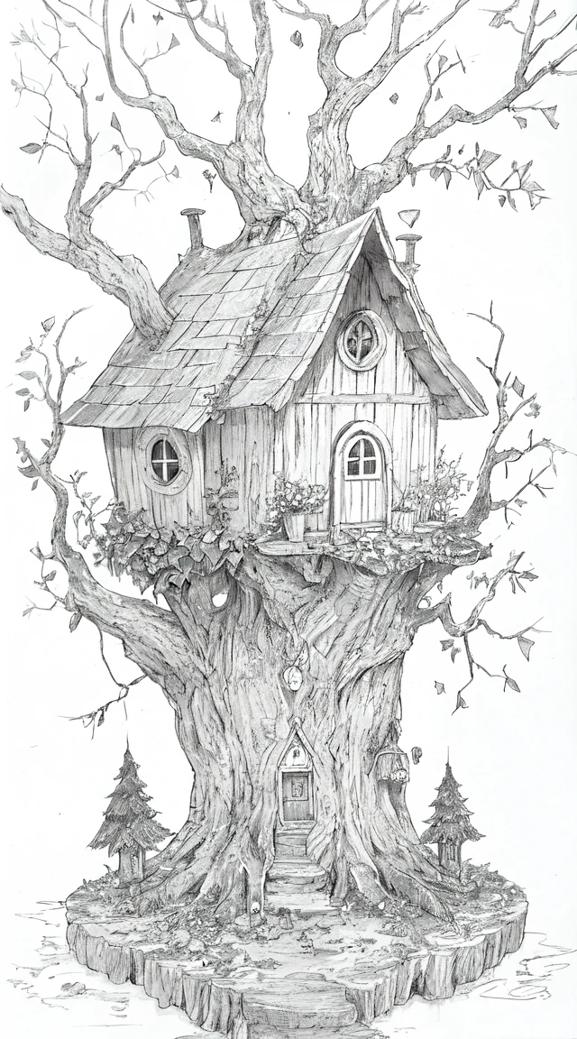 (Line Art,monochromesketch,Pencil drawing,traditional media:0.9), A whimsical fairy house nestled in the hollow of an ancient tree
