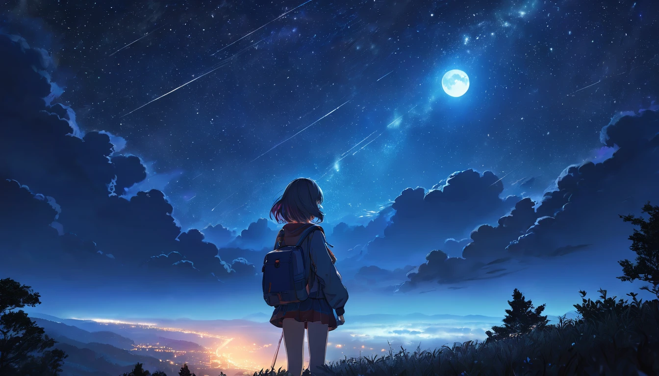 a beautiful detailed girl staring at the starry night sky,detailed night sky with glowing stars,highly detailed anime style,ultra-detailed,8k,best quality,photorealistic,vibrant colors,dramatic lighting,glowing moon,mist,serene atmosphere