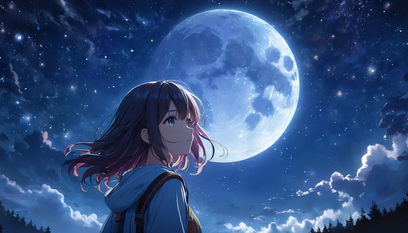 a beautiful detailed girl staring at the starry night sky,detailed night sky with glowing stars,highly detailed anime style,ultra-detailed,8k,best quality,photorealistic,vibrant colors,dramatic lighting,glowing moon,mist,serene atmosphere