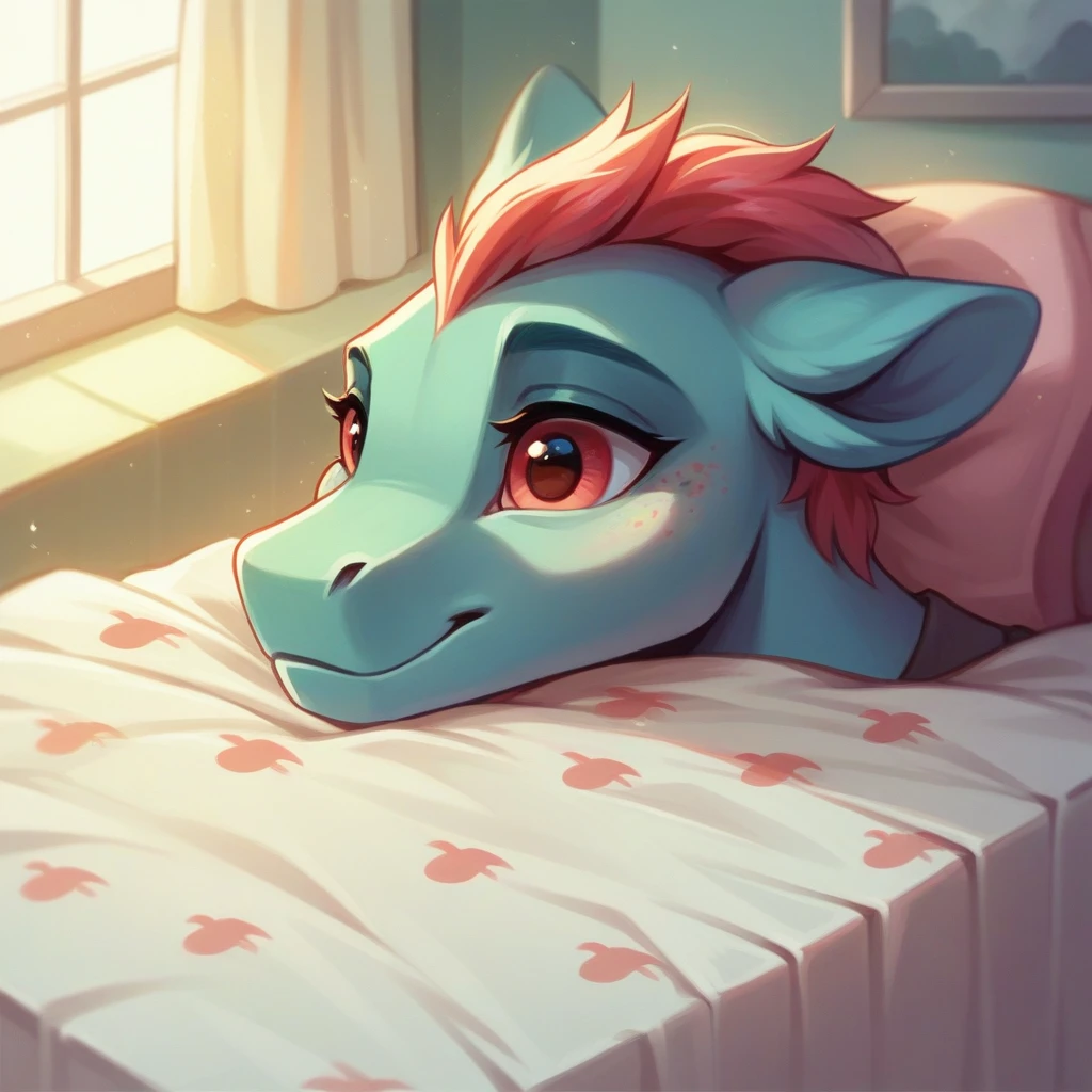 A high-resolution photograph captures a cute girl's bed with a dinosaur-patterned mattress, nestled in a minimalistic pastel-themed room. The cinematic concept features soft, diffused lighting, highlighting the intricate details of the playful colourful pony designs. The soothing pastel color mood creates a tranquil atmosphere, making the vibrant pony elements stand out vividly.