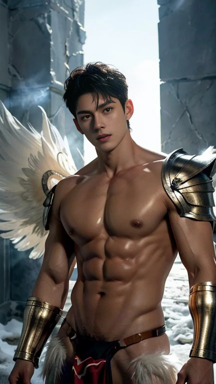 super high resolution, best quality, photo, 4k, (photorealistic: 1.4), cinematic lighting, full naked male angel with large translucent wings, expose the penis, huge penis, errected, shirtless naked muscular man, abdominal muscles dressed in medieval gold armor, detailed feathers, men angel with large translucent wings, muscular , abdominal muscles clad in medieval gold armor, detailed feathers, environment cyberpunk, snow and ice environment in the background, ice cathedral, portal of the future, 3D light, HD, magic, god of light, backlighting, detailed face, inspirited by  Li Xian, Leo Wu,  contrasts, smooth skin, soft hands, correct anatomy, five fingers. focus on the penis