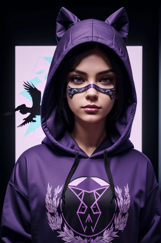 Vector illustration, Minimalism, number, vaporwave style, Beautiful and meticulous illustrations, A little more purple,
Wearing a black crow pattern hoodie,Hacker working in front wearing mask, T-shirt design, dramatic lighting, Trends on ArtStation, Award-winning, Icons are very detailed