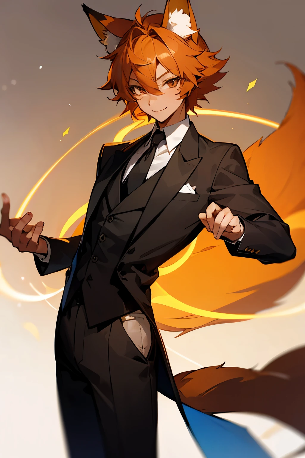 A Foxboy With Light Skin And cinnamon Colored Fox Ears, Hair and Tail with a gentle smile on his face, wearing a black suit and tie with a black fedora