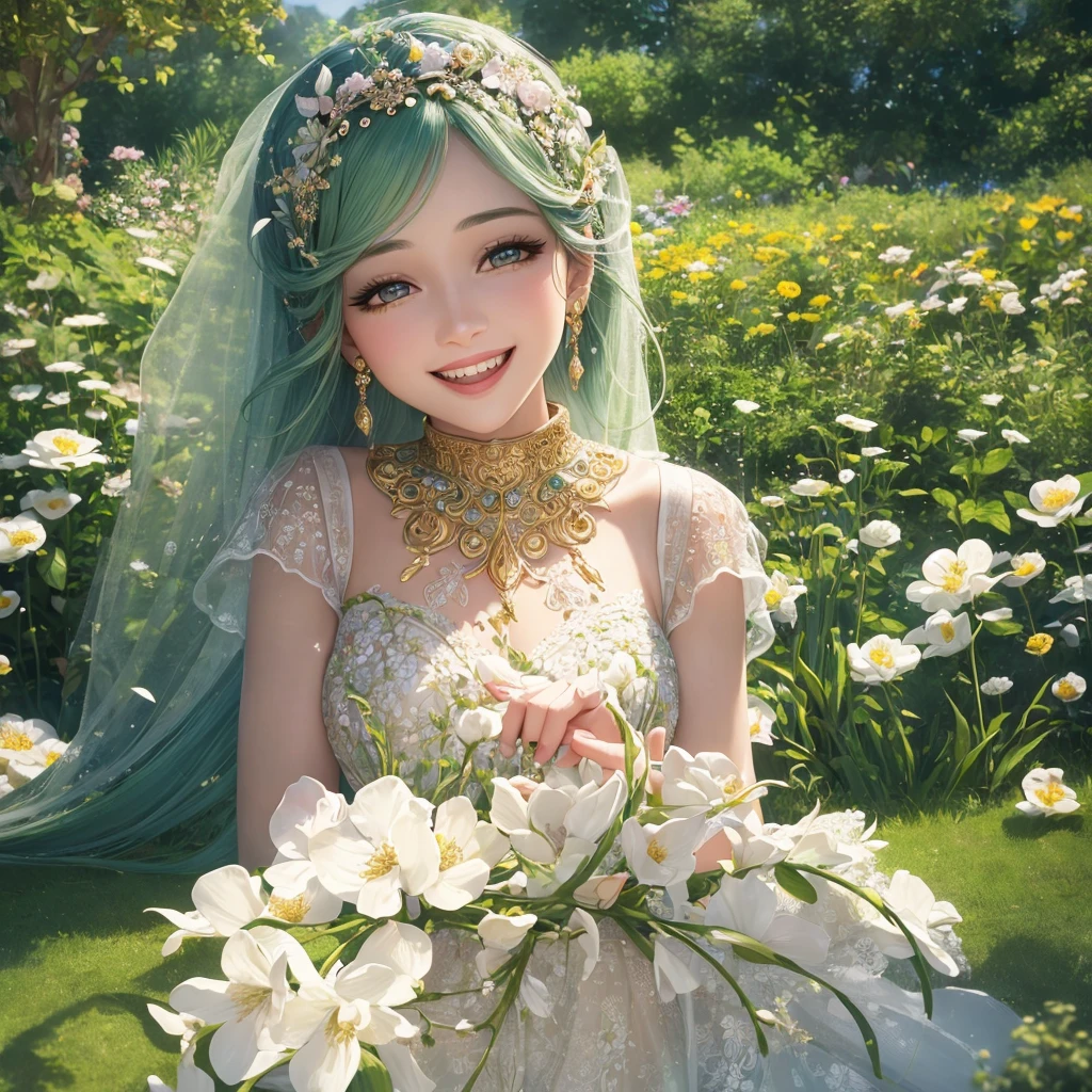 a happy girl, laughing endlessly, a serene garden background, beautiful detailed eyes, beautiful detailed lips, extremely detailed face, long eyelashes, whimsical, vibrant colors, natural lighting, intricate details, dreamlike, magical realism, ethereal, soft focus, 8k, best quality, masterpiece