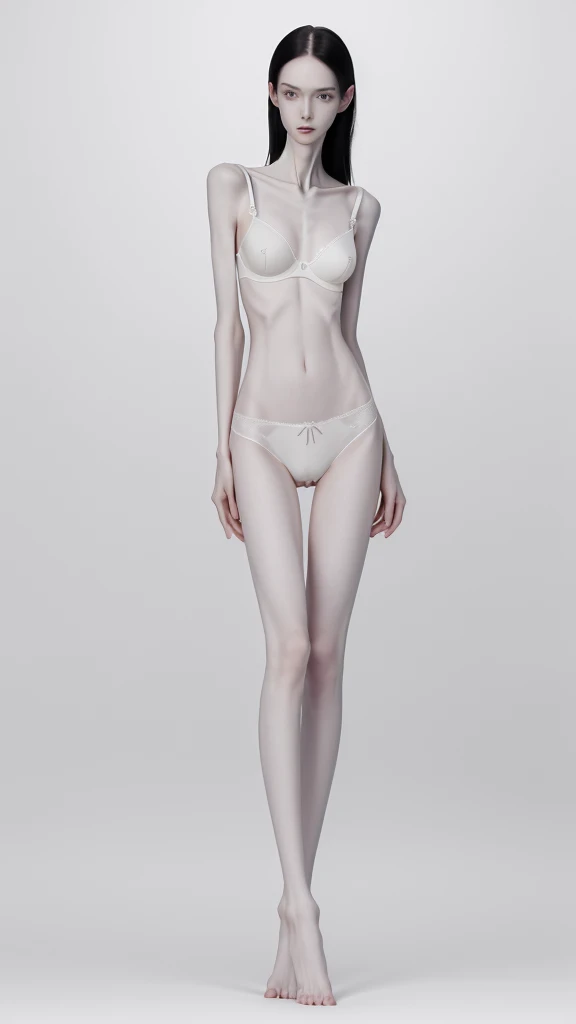 a woman, very thin body, body visible bones, very slender, pale white skin, panties, bra,tatto, sweaty weat body , full body viewed , barefoot
