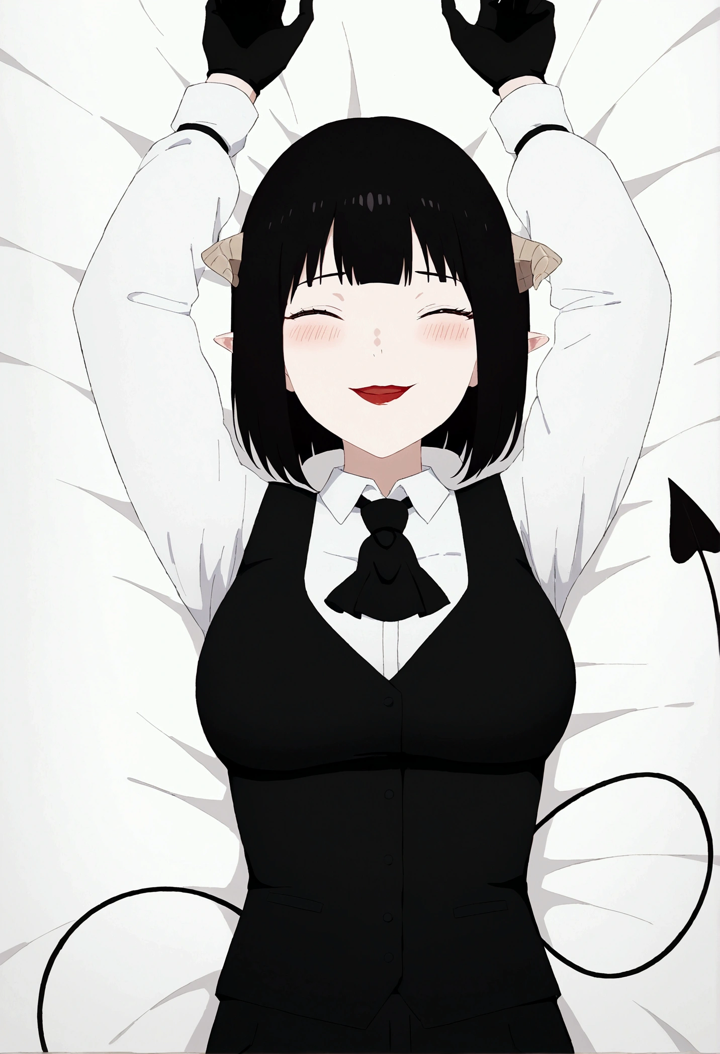 work of art, best qualityer, high resolution, 1girl horns short hair demon tail, white shirt black ascot black gloves black pants black vest lying on your back, sheet, arms up,blushed,face red,laugh,Bblack hair