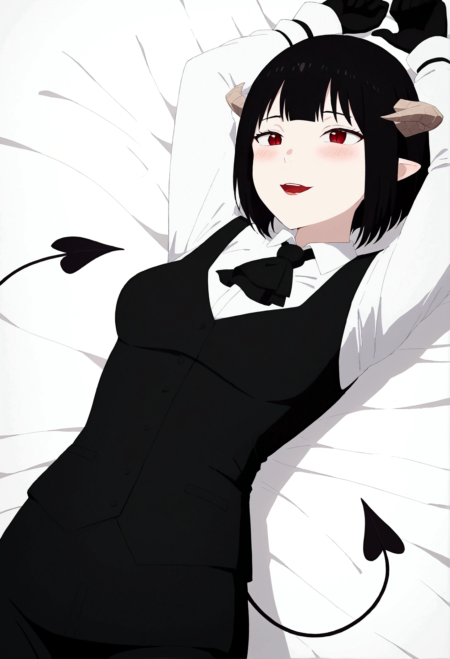 work of art, best qualityer, high resolution, 1girl horns short hair demon tail, white shirt black ascot black gloves black pants black vest lying on your back, sheet, arms up,blushed,face red,laugh,Bblack hair
