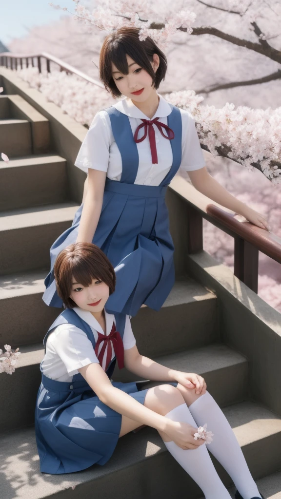 ultra-detailed,highly detailed,best quality,masterpiece,illustration,realistic,
eva school unifrom, 1girl, solo, tokyo-3 middle ,
shirt, short sleeves, suspender skirt, neck ribbon,loafers,
pantyhose,
short hair, hime cut,
sitting on stairs, v arms,
outdoors, sky, day, blue sky,cosplay, cloud, wind,cherry blossoms, falling petals,
