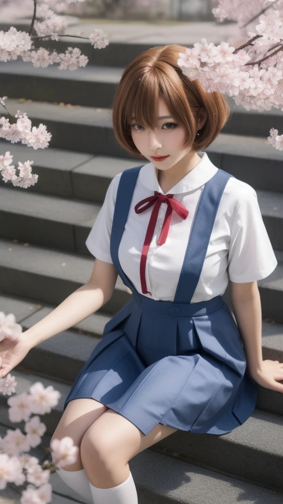 ultra-detailed,highly detailed,best quality,masterpiece,illustration,realistic,
eva school unifrom, 1girl, solo, tokyo-3 middle ,
shirt, short sleeves, suspender skirt, neck ribbon,loafers,
pantyhose,
short hair, hime cut,
sitting on stairs, v arms,
outdoors, sky, day, blue sky,cosplay, cloud, wind,cherry blossoms, falling petals,