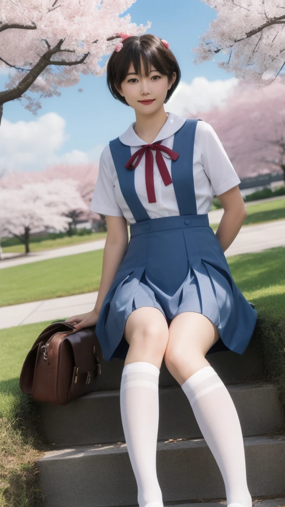 ultra-detailed,highly detailed,best quality,masterpiece,illustration,realistic,
eva school unifrom, 1girl, solo, tokyo-3 middle ,
shirt, short sleeves, suspender skirt, neck ribbon,loafers,
pantyhose,
short hair, hime cut,
sitting on stairs, v arms,
outdoors, sky, day, blue sky,cosplay, cloud, wind,cherry blossoms, falling petals,
