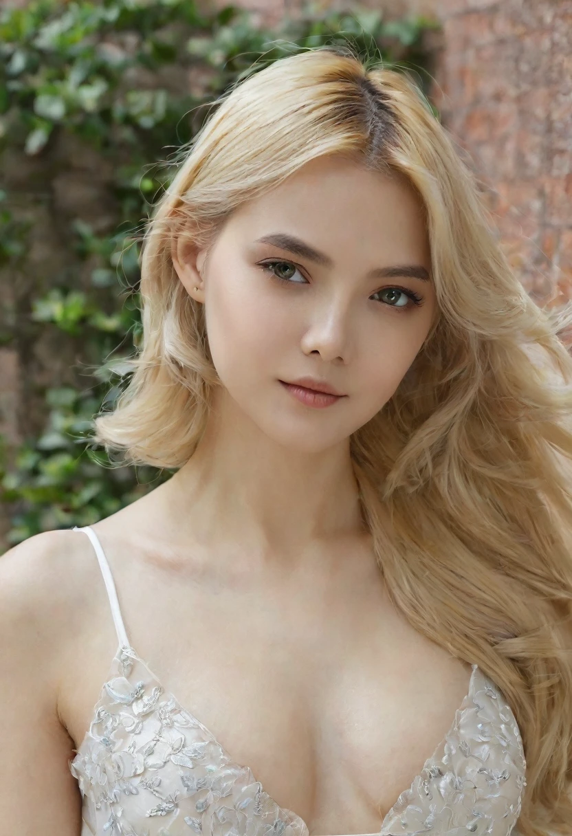 （（（European Caucasian Woman）））、（（（Mary, 18 years old）））、one person、（Thin contours、Grey Eye:1.5）、（Thin contours）、Big Breasts、Narrow waist、（（（White and translucent skin:1.3）））、Beautiful, shiny blonde medium-long hair、8-head-tall model style、Waist-down angle、Tokyo city、