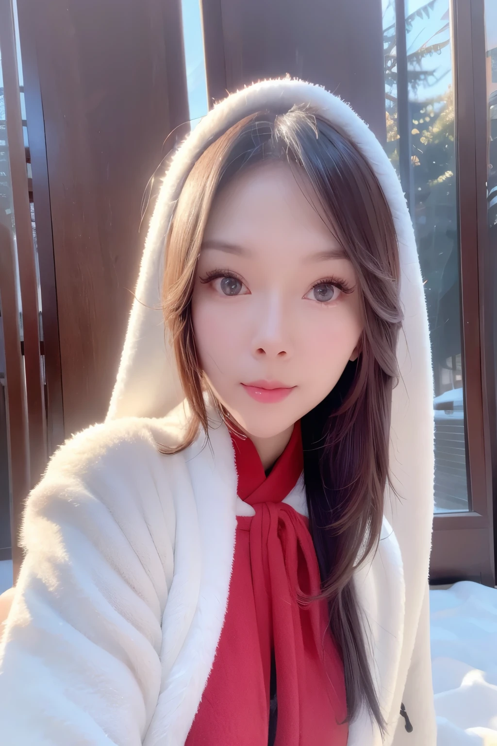 A portrait of a girl,upper body,in an Eastern artistic style,exuding allure,girl,(Eastern art),alluring appearance,expressive eyes,subtle background,bright environment,chinese style,typing art background,realist style,reality,photo,skin texture,dermatoglyphy,full body,snowscape,