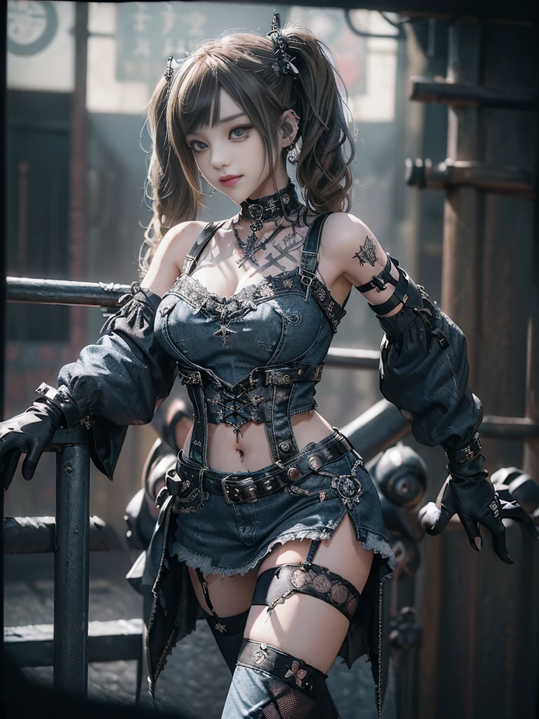 (Smiling with teeth showing:1.3),(Shibuya Gal:1.5)、(Prostitute:1.3)、(Gothic ta style fashion:1.5)、(Punk RockVisual Kei:1.4)、(Denim and black and white medieval noble mini skirt dress:1.5)、(Denim with black and white medieval gloves and bustier:1.5)、(Denim high heels:1.3)、(Wearing silver accessories:1.5)、(Denim collar:1.4)、(Black Leather Garter Belt:1.4)、(Brown Skin Belt:1.3)、(Black lace underwear:1.5)、30 years old、NSFW、((Highest quality、In 8K、masterpiece:1.3))、Sharp focus:1.2、(Layered Cut、Huge boobs:1.1),Beautiful woman with perfect figure:1.4、(Dancing vigorously:1.3)、Slender Abs:1.2、Highly detailed face and skin texture、Detailed eyes、double eyelid,(Twin tails:1.3)、(Brown-golden hair:1.3)、Gravure idol、(The background is the Takarazuka Revue stage.:1.3)、(Slim body:1.2),(Make your legs thinner:1.4),(clavicle:1.1)