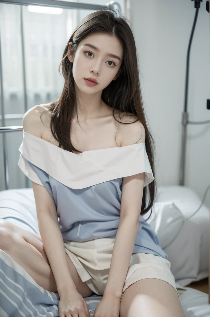 (((best quality))), (((ultra detailed))), (((masterpiece))), illustration,((a fragile and beautiful young girl,solo)),((slim,thin)),((small breasts,flat chest)),((sitting on a hospital bed)),(in a striped blue and white patient's shirt:1.2), ethereal appearance,(shoulder length straight hair:1.2), delicate features, expressive eyes, porcelain skin, worried expression, vertical stripes on the gown, loose fit, slender fingers, polished nail polish, clinical examination room, faded walls, doctors' cart, stainless steel, hospital backdrop, stark contrasts, cold environment, warmth and vulnerability, poignant moment, moving image,((from front,upper body)),(spread legs apart:1.3)