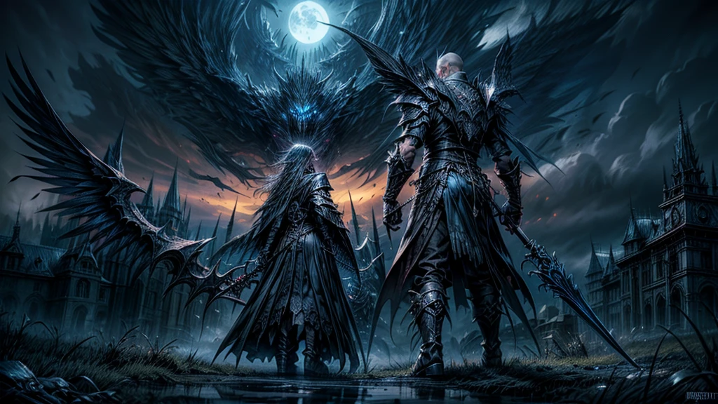 dark fantasy aestetics, dark night, dim light, huge wings made of grey and blue fire, death reaper, black cloak, skeleton covered in grey fire, horrifing beauty, standing with the scythe, big grass field on the background, dark fantasy, horror, dnd, atmospheric perspective, perspective, wide shot, 4K, 8k, highres, high quality, masterpiece, best quality