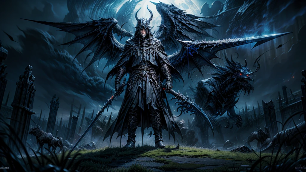  dark fantasy aestetics, dark night, dim light, huge wings made of grey and blue fire, death reaper, black cloak, skeleton covered in grey fire, horrifing beauty, standing with the scythe, big grass field on the background, dark fantasy, horror, dnd, atmospheric perspective, perspective, wide shot, 4K, 8k, highres, high quality, masterpiece, best quality