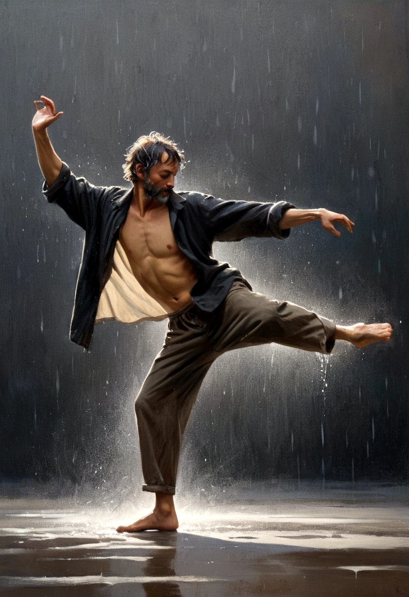 Soul Dancer Mark,A homeless man dancing alone in the rain，soul，Barefoot，Loose and worn clothes，Professional ballet movements，Fingertips 1 butterfly，Very contagious，Splash，Light and Shadow，Minimalism，artistic conception，Clean background