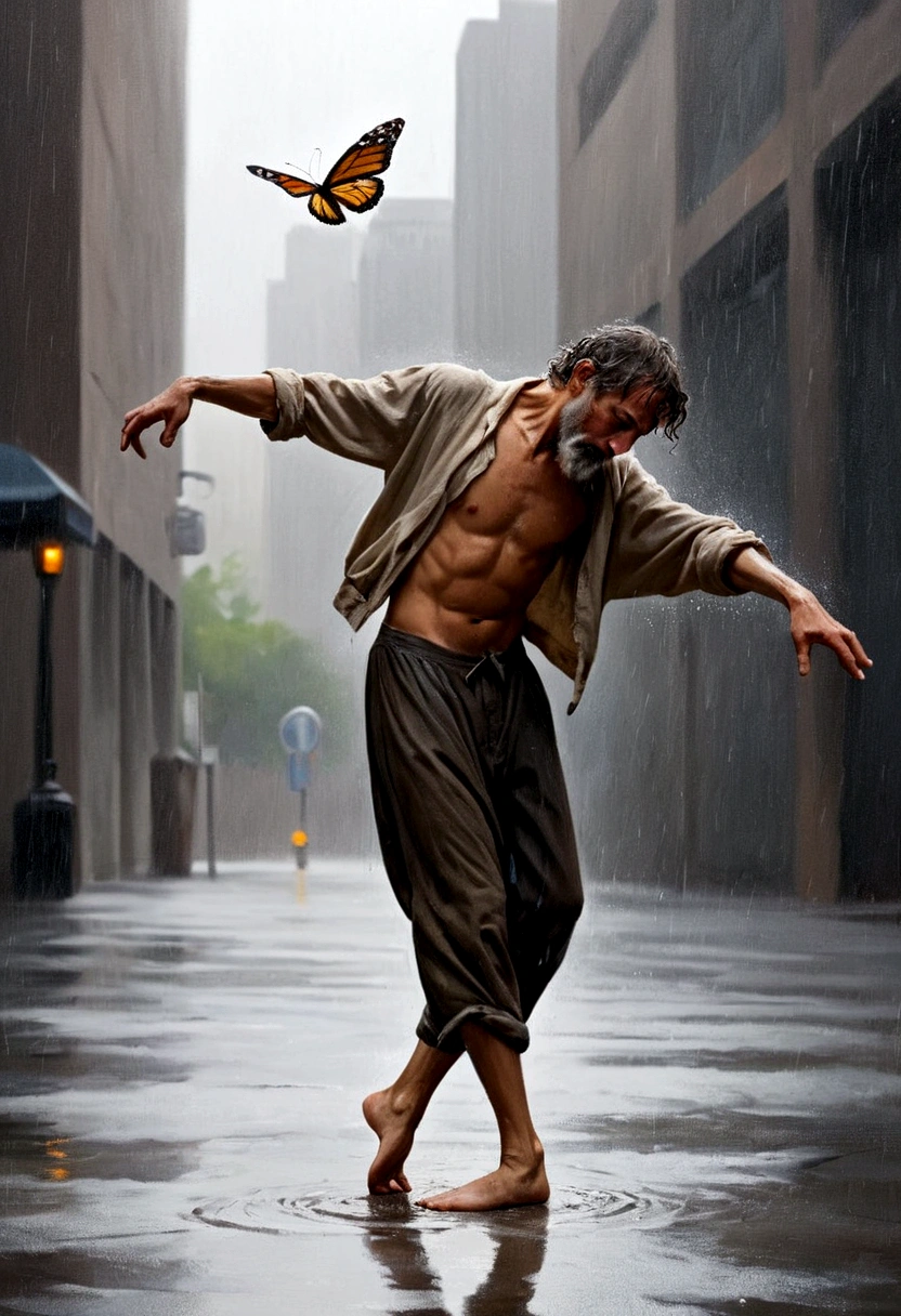 Soul Dancer Mark,A homeless man dancing alone in the rain，soul，Barefoot，Loose and worn clothes，Professional ballet movements，Fingertips 1 butterfly，Very contagious，Splash，Light and Shadow，Minimalism，artistic conception，Clean background