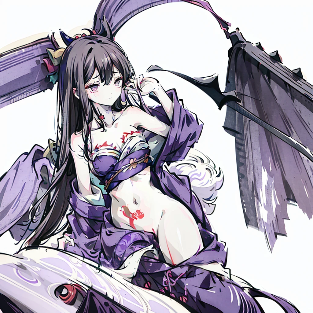 (Highest quality), (masterpiece),Black Hair, Purple Eyes, Purple kimono, Exposing shoulders, ,Fair skin, Long Hair, Long Bangs,  Small breasts, Confused eyes, snow, sexy, Cemetery, Cross Grave, jitome, evil grin, indian style, half closed eyes, Off Shoulder, ass pov, pale skin, flat chest, wavy hair