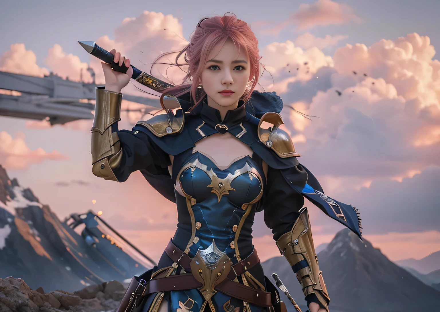 (8k, best quality, masterpiece:1.2), (realistic, photo-realistic:1.37), ultra-detailed, A detailed portrait of 1 girl 18 year old, cute girl, british girl, royal outfits, holding sword, pale skin, perfect body, blue eyes, pink hair. The scene is illuminated with professional lighting, photon mapping, and radiosity, with Tetsuya Nomura Style. Blur bokeh effect, realistic light.