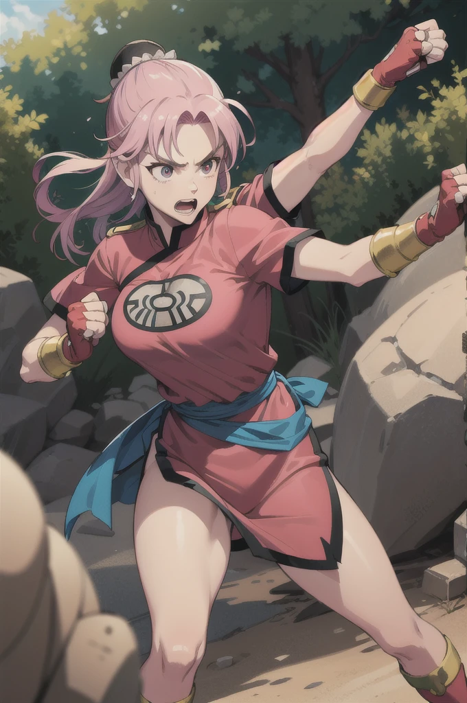 maam,big breasts,beautifuleyes,narrow waist,realistic,solo,outdoor,forest, martialMaam,pink hair,hair bun,long hair,china dress,short sleeves,sash,fingerless gloves,beautiful legs, clenched fists, (action pose,:1.1), (masterpiece, best quality:1.1), (open mouth, clenched fist, action pose,:1.1), fight the Goblins, maam, dragon quest,