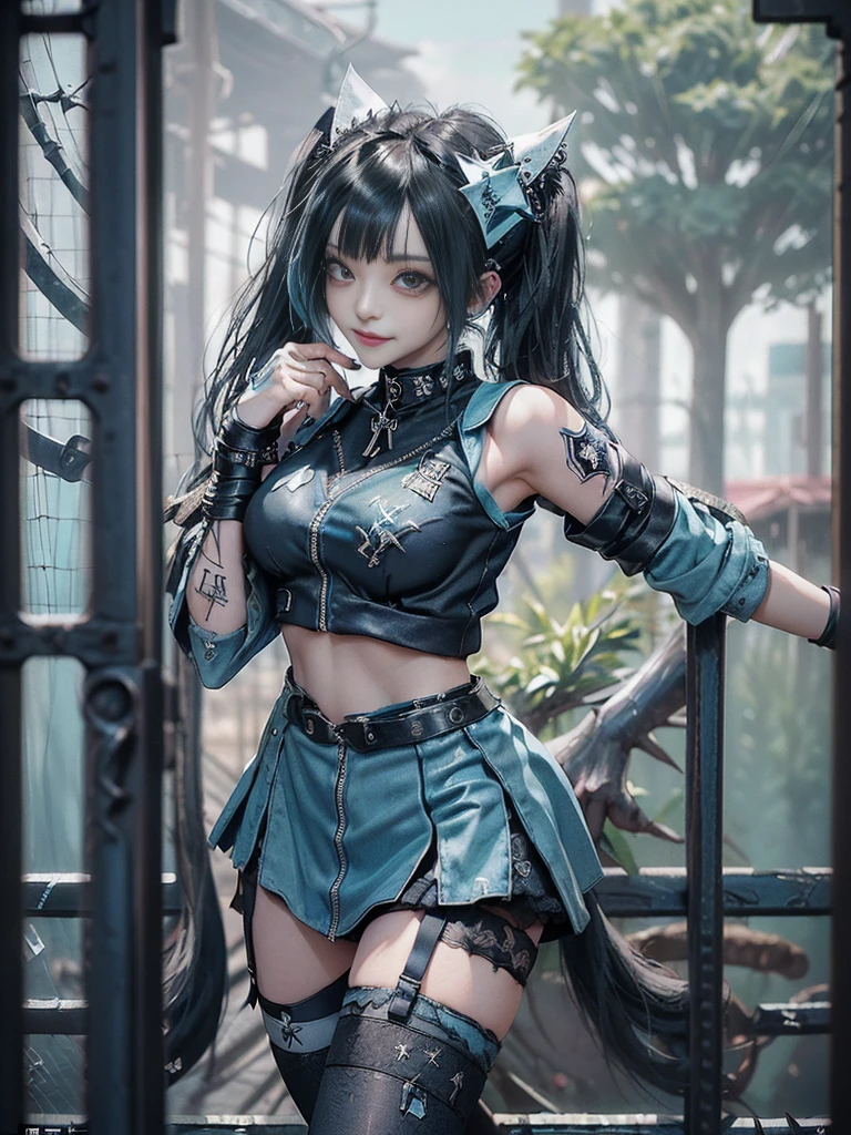 (Full body view:1.4)、(Full Body View:1.3)、(Side view:1.1)、(Smiling with teeth showing:1.3),(Shibuya Gal:1.5)、(Maid café clerk:1.5)、(Punk RockVisual Kei:1.4)、(Turquoise, navy and denim medieval noble zip up:1.5)、(Navy and white arm covers and micro mini skirt:1.5)、(Blue high heels:1.3)、(Wearing silver accessories:1.5)、(Dark brown collar:1.4)、(Leather garter belt:1.4)、(Brown Skin Belt:1.3)、(Black lace underwear:1.5)、30 years old、NSFW、((Highest quality、In 8K、masterpiece:1.3))、Sharp focus:1.2、(Layered Cut、Huge boobs:1.1),Beautiful woman with perfect figure:1.4、(Doing an aerobics pose:1.3)、Slender Abs:1.2、Highly detailed face and skin texture、Detailed eyes、double eyelid,(Twin tails:1.3)、(Black Hair:1.3)、Gravure idol、(A fairytale-like cafe with a lush tree background:1.3)、(Slim body:1.3),(Make your legs thinner:1.4),(Thin, thin thighs:1.3)、(clavicle:1.1)