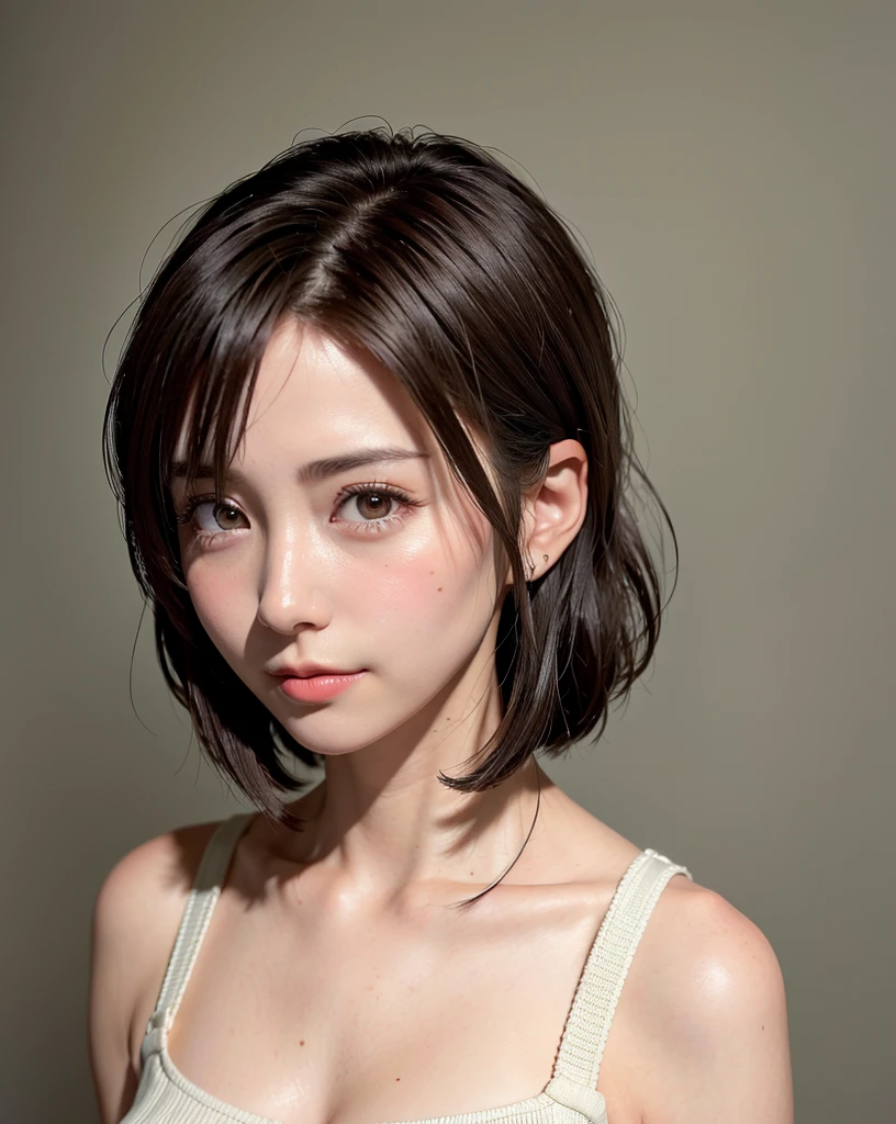 Summer knit with short hair and white, summer knit, Short hair, short hair with bangs, Cute face girl, Cute little face in portrait, French Bob, pale fair skin!!, short brown hair and large eyes, soft portrait shot 8 k, beautiful light big eyes, Beautiful young girl, Young girl in a bob cut, Top image quality, masutepiece, Notes of Leonardo da Vinci da Vinci, Set against the backdrop of Leonardo da Vinci's manuscripts