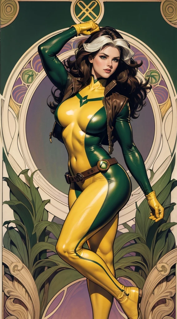 (masterpiece:1.0), (best_quality:1.2), Classic Rogue, 1991 Rogue X-Men, 1 girl, Only 1, full body view, medium length hair, brown hair, wavy hair, messy hair, one lock of white hair, green eyes, mischievous look, smirking, fit figure, curvy figure, medium breasts, lipstick, makeup, jacket, green headband, belt, yellow gloves, skin tight bodysuit, open jacket, light source from above, (realism: 1.5), (Realistic: 1.4), (Absurdity:1.4), 8k, ultra-detailed, Detailed Beautiful Woman, (Art Nouveau style), influence by John William Waterhouse and Alphons Mucha, circles, banners, background colors: green, gold, yellow, white, beige
