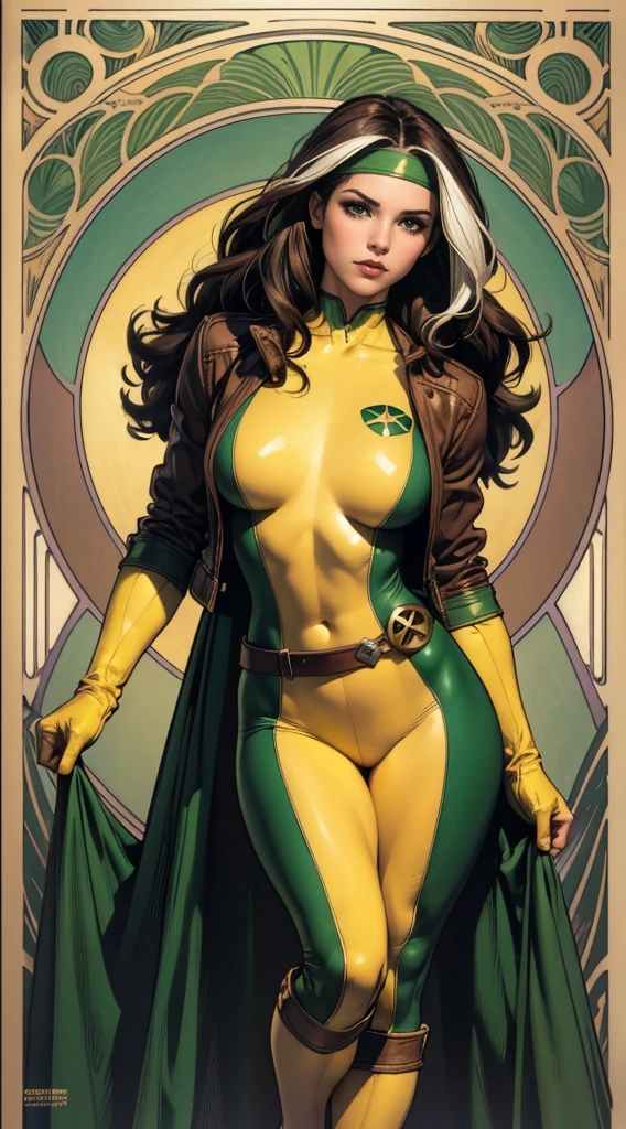 (masterpiece:1.0), (best_quality:1.2), Classic Rogue, 1991 Rogue X-Men, 1 girl, Only 1, full body view, medium length hair, brown hair, wavy hair, messy hair, one lock of white hair, green eyes, mischievous look, smirking, fit figure, curvy figure, medium breasts, lipstick, makeup, jacket, green headband, belt, yellow gloves, skin tight bodysuit, open jacket, light source from above, (realism: 1.5), (Realistic: 1.4), (Absurdity:1.4), 8k, ultra-detailed, Detailed Beautiful Woman, (Art Nouveau style), influence by John William Waterhouse and Alphons Mucha, circles, banners, background colors: green, gold, yellow, white, beige