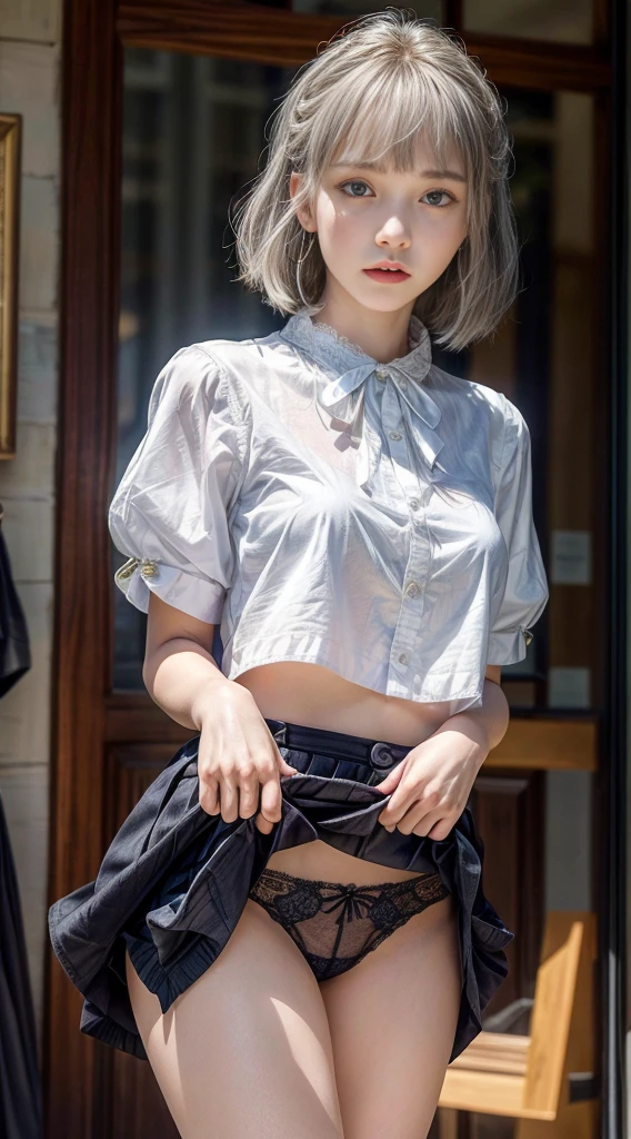 ((((very short))))、earring、collar shirt、、((((blunt bangs)))) ((Short bangs))、trimmed bangs、(((Inside a stylish clothing store)))、(masterpiece、best quality、In 8K、32,000、masterpiece、hmm、incredibly huge 、Super high resolution、impressionism、realistic:1.2)、cowboy shot、sharp focus、Beautiful face with detailed background of face and eyelids、blue sky、glowing skin、sharp eyes、Realistic eyes and beautiful face、blurred background、beautiful 28 year old girl、glowing skin、(((bright and beautiful hair)))、Iris、(((Simple blouse)))、(knee length skirt)、(very little(blanche)You look scary:1.45)、thighs thighs thighs thighs、curve、dynamic pose、powerful configuration、((gloomy expression))、((a look of contempt))、sweating、((blue silver hair color))、lace panties、((source order))、high nose、(small mouth)、skirt torn、((hold on to your skirt))、stockings、Pubic hair visible、clerk、(Wear a name tag)