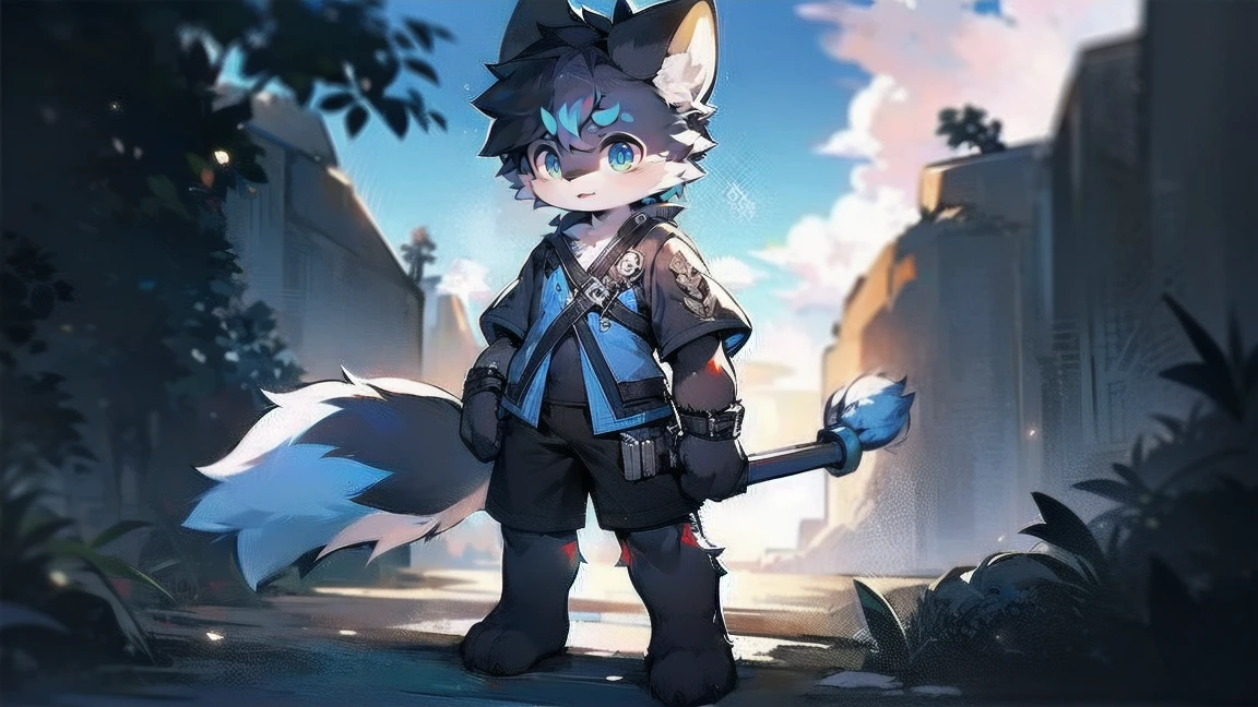 Furry shota, Young, wolf, black hair, long spiky ponytail, blue eyes, detailed body fur, ((goggles, blue hawaiian shirt, open clothes, one shoulder off, black swim trunks)), looking at another, fangs, clear grey body fur, detailed face, big eyebrows, detailed eyes, detailed body, detailed body fur, detailed hands, glistering body, shiny body, skinny, uper body, injured, dirt on the body, damaged clothes, torn clothes, bruises, angry, close mouth, ruins, forest, solo, injured pose, uper body, after fight,