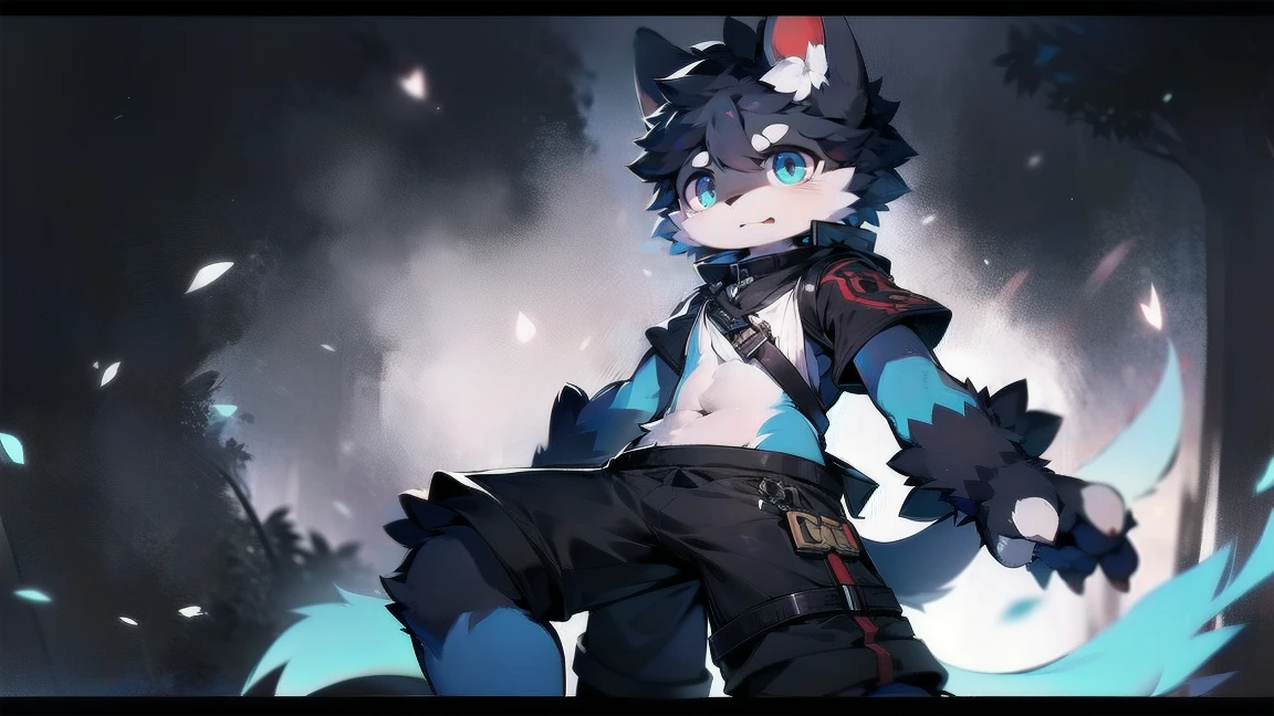 White Wolf，black hair，Sky blue eyes，hairy，Wolf ears，Wolf tail，Full body portrait，The character is in the center of the frame，Handsome，Confident eye***but，juvenile，Black and white combat uniform，Red neck bib，Black shorts，Short sleeve，hairy arms and legs，Dark background，Dark battlefield，dawn，sunrise，dawn，illumination，shadow，Swordsman，Scabbard and Hold the hilt of a in your hand，The scabbard is at the waist，Highest quality,A tall stature