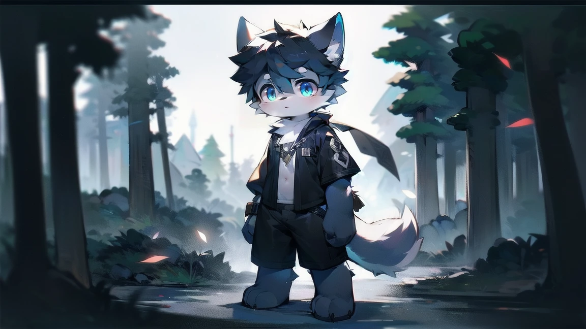 White Wolf，black hair，Sky blue eyes，hairy，Wolf ears，Wolf tail，Full body portrait，The character is in the center of the frame，Handsome，Confident eye***but，juvenile，Black and white combat uniform，Red neck bib，Black shorts，Short sleeve，hairy arms and legs，Dark background，Dark battlefield，dawn，sunrise，dawn，illumination，shadow，Swordsman，Scabbard and Hold the hilt of a in your hand，The scabbard is at the waist，Highest quality,A tall stature
