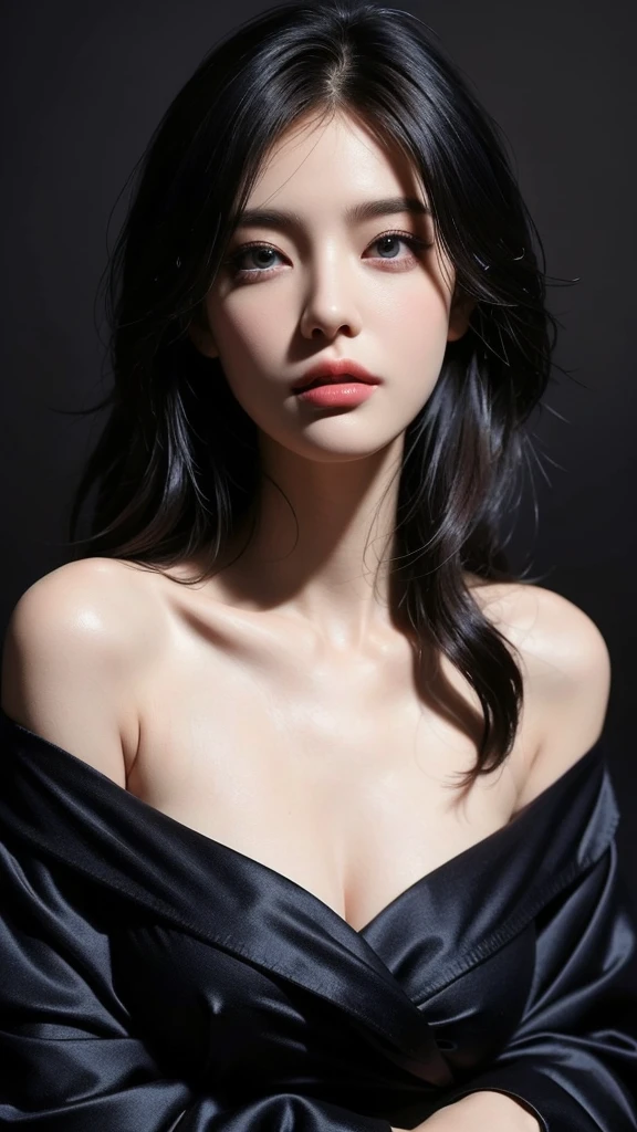 masterpiece, best quality, Extremely detailed, Very detailed Very detailed, Practical, Uniqueness, Very detailed, Be focused, Perfect face, Perfect face, Perfect symmetry perfect eyes, Perfect plump lips, Flexible female form, , lamp, Extremely detailed, hyper Practical, masterpiece, atmosphere, high resolution, Full of energy, 动态工作室lamp光, National Foundation, ((Dark background)), Sexy face, Happy facial expressions, Straight bangs, Large Breasts, Cleavage exposed, blue eyes,sweater, ((Cowboy shooting, Moles under the eyes,)),Half-length photo,Complete,